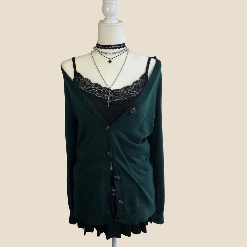 Vintage Y2K Lord & Taylor 100% Cashmere Cardigan Sweater Forest Green Womens S